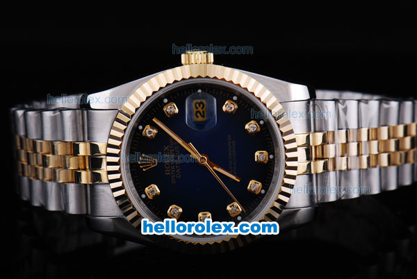 Rolex Datejust Oyster Perpetual Automatic Two Tone with Bue Dial-Diamond Marking and Gold Bezel - Click Image to Close